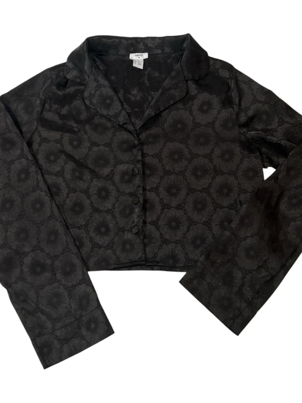 Forever 21 Black Floral Jacquard Button-Front Cropped satin pajama Top Sz M